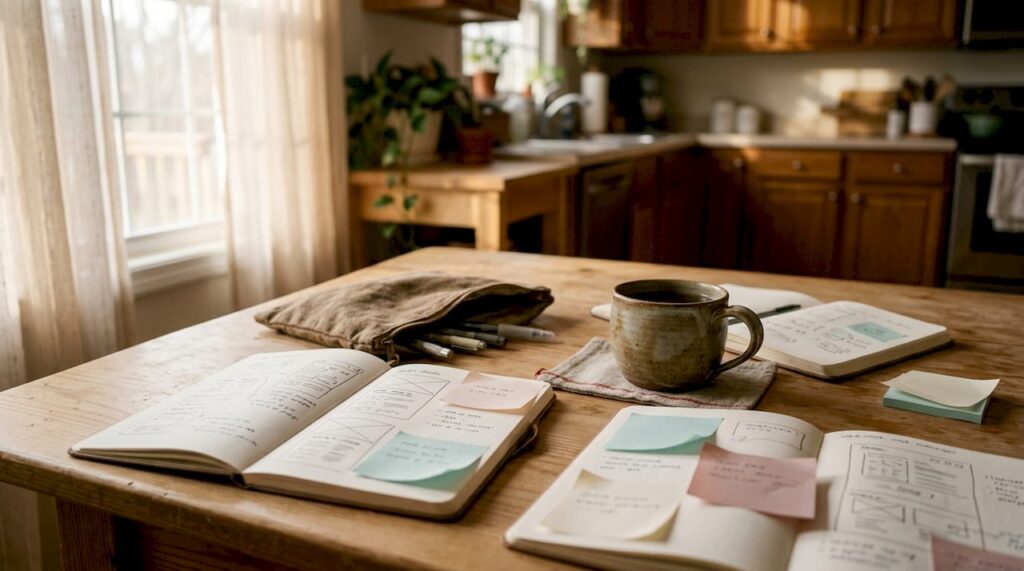 Overhead view of community web redesign planning materials on desk
