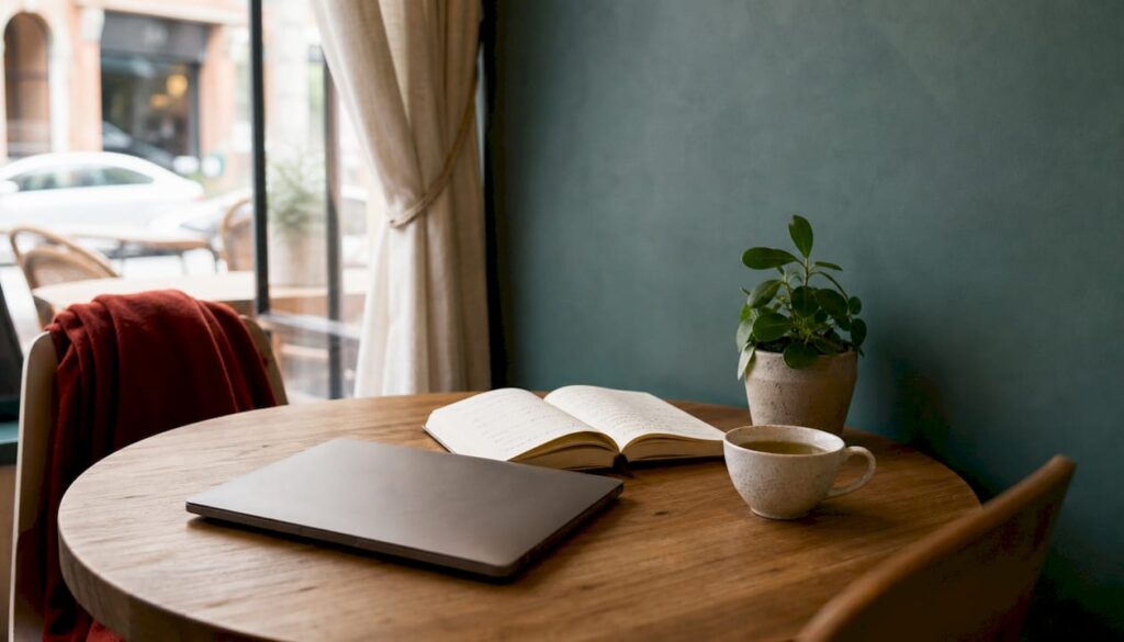 Desk with digital devices and soft decor