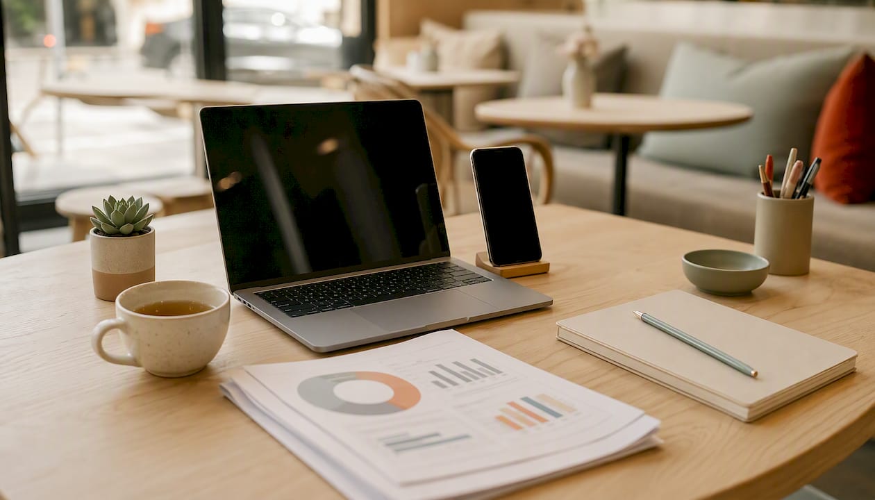 Co-working space desk with technology and plants
