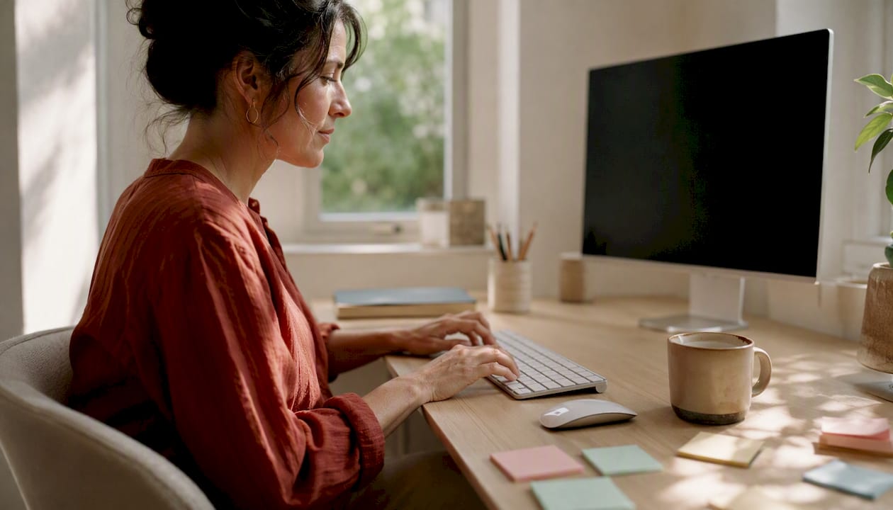 Close-up of hands typing on keyboard at tidy desk