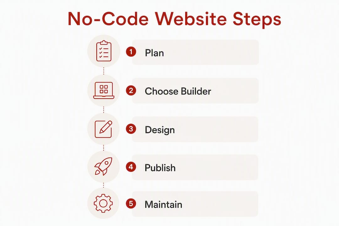 Infographic illustrating no-code website building steps