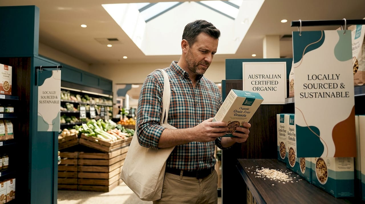 Shopper reading green label in supermarket aisle